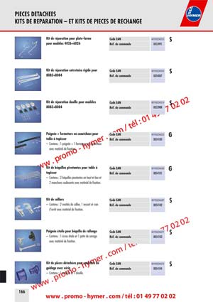PIECES DETACHEES 
KITS DE REPARATION &ndash; ET KITS DE PIECES DE RECHANGE 


Kit de r&eacute;paration pour plate-forme Code EAN 4019502343535 

S 

pour mod&egrave;les 4026+6026 R&eacute;f. de commande 0053991 


Kit de r&eacute;paration entretoise rigide pour Code EAN 4019502343542 

S 

8083+8084 R&eacute;f. de commande 0054007 


Kit de r&eacute;paration douille pour mod&egrave;les Code EAN 4019502343214 S 
8083+8084 R&eacute;f. de commande 0053988 
Poign&eacute;e + fermeture en caoutchouc pour Code EAN 4019502346253 G 
table &agrave; tapisser R&eacute;f. de commande 0054100 
&ndash; Contenu : 1 poign&eacute;e + 1 fermeture en caoutchouc 
avec mat&eacute;riel de fixation. 
Kit de b&eacute;quilles pivotantes pour table &agrave; Code EAN 4019502346260 G 
tapisser R&eacute;f. de commande 0054101 
&ndash; Contenu : 2 b&eacute;quilles pivotantes en haut et bas et 
2 manchons coulissants avec mat&eacute;riel de fixation. 
Kit de colliers Code EAN 4019502346307 S 
&ndash; Contenu : 2 moiti&eacute;s de collier, 1 ressort et cran R&eacute;f. de commande 0054102 
d&lsquo;arr&ecirc;t avec mat&eacute;riel de fixation. 
Poign&eacute;e &eacute;toile pour b&eacute;quille de rallonge Code EAN 4019502346277 S 
&ndash; Contenu : 1 &eacute;crou &eacute;toile et 1 patin de serrage R&eacute;f. de commande 0054103 
avec mat&eacute;riel de fixation. 


Kit de pi&egrave;ces d&eacute;tach&eacute;es pour roulettes 

guidage avec v&eacute;rin R&eacute;f. de commande 0054104 

&ndash; Contenu : 1 embout et 1 douille. 